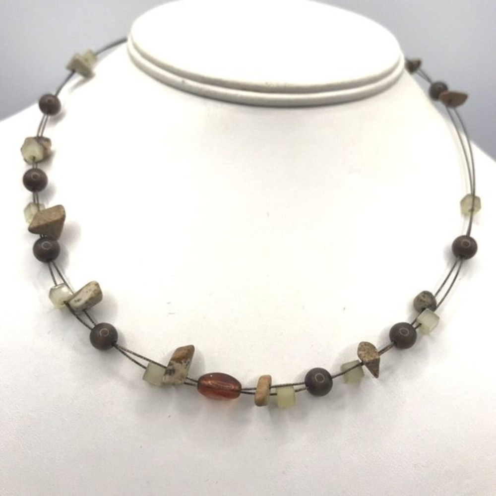 Lia Sophia Gold Tone Station 16” Necklace Tiger Eye Semi Precious Stones